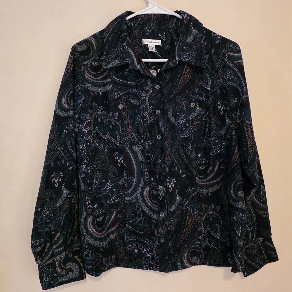 Croft Barrow Womens Paisley Button Down Shirt Size Petite Medium Blue Cozy Soft